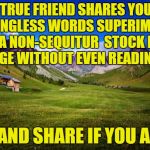 peaceful-landscape | A TRUE FRIEND SHARES YOUR MEANINGLESS WORDS SUPERIMPOSED OVER A NON-SEQUITUR  STOCK PHOTO IMAGE WITHOUT EVEN READING IT. LIKE AND SHARE IF YOU AGREE | image tagged in peaceful-landscape,friends,friendship,stupid,stupid people | made w/ Imgflip meme maker
