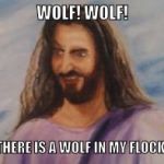 retardo jesus  | WOLF! WOLF! THERE IS A WOLF IN MY FLOCK! | image tagged in retarded jesus,jesus,cry wolf,matthew 7 15 | made w/ Imgflip meme maker