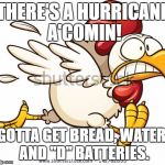 chicken panic | THERE'S A HURRICANE A'COMIN! GOTTA GET BREAD, WATER, AND "D" BATTERIES. | image tagged in chicken panic | made w/ Imgflip meme maker