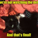 Remote Cat | No we're not watching the debate; And that's final! | image tagged in remote cat | made w/ Imgflip meme maker