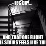 What all stairs look like after leg day | LEG DAY... AND THAT ONE FLIGHT OF STAIRS FEELS LIKE THIS | image tagged in what all stairs look like after leg day | made w/ Imgflip meme maker