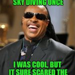 Stevie Wonder | YES I DID TRY SKY DIVING ONCE; I WAS COOL, BUT IT SURE SCARED THE CRAP OUT OF MY DOG | image tagged in stevie wonder | made w/ Imgflip meme maker