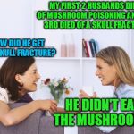 Women talking | MY FIRST 2 HUSBANDS DIED OF MUSHROOM POISONING AND THE 3RD DIED OF A SKULL FRACTURE; HOW DID HE GET THE SKULL FRACTURE? HE DIDN'T EAT THE MUSHROOMS! | image tagged in women talking | made w/ Imgflip meme maker