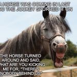 Horse Smile | A HORSE WAS COMING IN LAST SO THE JOCKEY SPURRED IT ON; THE HORSE TURNED AROUND AND SAID, WHAT ARE YOU KICKING ME FOR, "THERE’S NOBODY BEHIND US" | image tagged in horse smile | made w/ Imgflip meme maker