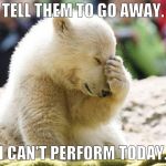 Sad Polar Bear | TELL THEM TO GO AWAY. I CAN'T PERFORM TODAY. | image tagged in sad polar bear | made w/ Imgflip meme maker
