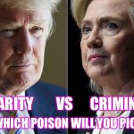 A little arsenic and cyanide never hurt anyone  | VULGARITY        VS      CRIMINALITY; WHICH POISON WILL YOU PICK | image tagged in trump hillary,election 2016 | made w/ Imgflip meme maker