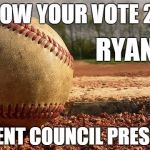 Throw Your Vote | THROW YOUR VOTE 2; RYAN; 4; STUDENT COUNCIL PRESIDENT | image tagged in baseball | made w/ Imgflip meme maker