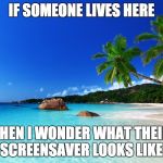 tropical island birthday | IF SOMEONE LIVES HERE; THEN I WONDER WHAT THEIR SCREENSAVER LOOKS LIKE. | image tagged in tropical island birthday | made w/ Imgflip meme maker