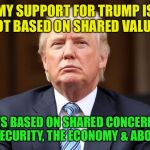 Credit to Tony Perkins, Family Research Council  | MY SUPPORT FOR TRUMP IS NOT BASED ON SHARED VALUES; IT'S BASED ON SHARED CONCERNS LIKE SECURITY, THE ECONOMY & ABORTION | image tagged in donald trump | made w/ Imgflip meme maker