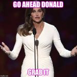 Had to pass this one along! | GO AHEAD DONALD; GRAB IT | image tagged in brucaitlyn jenner,memes,funny,trump | made w/ Imgflip meme maker