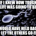 sperm swimming | IF I KNEW HOW TOUGH LIFE WAS GOING TO BE, I WOULD HAVE HELD BACK AND LET THE OTHERS GO FIRST. | image tagged in sperm swimming | made w/ Imgflip meme maker