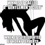 stripper | WHY IS IT CALLED A "GENTLEMEN'S CLUB"; WHEN IT IS FREQUENTED BY HORNY PERVERTS | image tagged in stripper | made w/ Imgflip meme maker