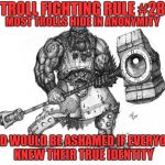 Troll Fighting Rule #28 | TROLL FIGHTING RULE #28; MOST TROLLS HIDE IN ANONYMITY; AND WOULD BE ASHAMED IF EVERYONE KNEW THEIR TRUE IDENTITY | image tagged in troll smasher | made w/ Imgflip meme maker