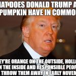 Trumpkin Pumpkin | WHAT DOES DONALD TRUMP AND A PUMPKIN HAVE IN COMMON? THEY'RE ORANGE ON THE OUTSIDE, HOLLOW ON THE INSIDE AND RESPONSIBLE PEOPLE WILL THROW THEM AWAY IN EARLY NOVEMBER! | image tagged in trumpkin pumpkin | made w/ Imgflip meme maker