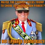 Donald Trump | MAYBE THE COUNTRY NEEDS TRUMP TO SHOW 'AUTHORITARIAN POWER'? F NO! I PREFER DEMOCRACY! | image tagged in donald trump | made w/ Imgflip meme maker