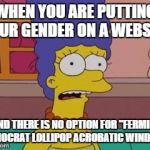 Marge Simpson | WHEN YOU ARE PUTTING YOUR GENDER ON A WEBSITE; AND THERE IS NO OPTION FOR "FERMILL DEMOCRAT LOLLIPOP ACROBATIC WINDOW" | image tagged in marge simpson | made w/ Imgflip meme maker