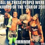 wwe | ALL OF THESE PEOPLE WERE INJURED OF THE YEAR OF 2015! UMMMM | image tagged in wwe | made w/ Imgflip meme maker
