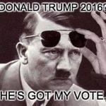 hitler sunglasses | DONALD TRUMP 2016? HE'S GOT MY VOTE. | image tagged in hitler sunglasses | made w/ Imgflip meme maker