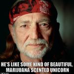 Willie Nelson  | HE'S LIKE SOME KIND OF BEAUTIFUL, MARIJUANA SCENTED UNICORN | image tagged in willie nelson | made w/ Imgflip meme maker