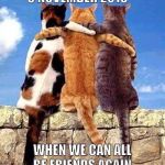 Cat friends | 9 NOVEMBER 2016 ~; WHEN WE CAN ALL BE FRIENDS AGAIN. | image tagged in cat friends | made w/ Imgflip meme maker