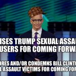 Anderson Cooper CNN Debate | PRAISES TRUMP SEXUAL ASSAULT ACCUSERS FOR COMING FORWARD; IGNORES AND/OR CONDEMNS BILL CLINTON'S SEXUAL ASSAULT VICTIMS FOR COMING FORWARD | image tagged in anderson cooper cnn debate,scumbag | made w/ Imgflip meme maker