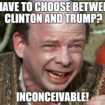 vizzini rage | I HAVE TO CHOOSE BETWEEN CLINTON AND TRUMP? INCONCEIVABLE! | image tagged in vizzini rage | made w/ Imgflip meme maker
