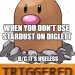 triggered diglett | WHEN YOU DON'T USE STARDUST ON DIGLETT; B/C IT'S USELESS | image tagged in triggered diglett | made w/ Imgflip meme maker