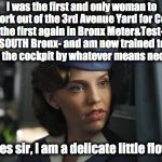 Flight Attendant  | I was the first and only woman to work out of the 3rd Avenue Yard for Con Ed, the first again in Bronx Meter&Test-the SOUTH Bronx- and am now trained to defend the cockpit by whatever means necessary. But yes sir, I am a delicate little flower. | image tagged in flight attendant | made w/ Imgflip meme maker