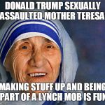 EVEN MOTHER TERESA MET TRUMP | DONALD TRUMP SEXUALLY ASSAULTED MOTHER TERESA! MAKING STUFF UP AND BEING PART OF A LYNCH MOB IS FUN | image tagged in mother teresa smiling,election 2016,election 2016 fatigue,trump 2016 | made w/ Imgflip meme maker