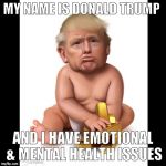 Trump Baby | MY NAME IS DONALD TRUMP; AND I HAVE EMOTIONAL & MENTAL HEALTH ISSUES | image tagged in trump baby | made w/ Imgflip meme maker