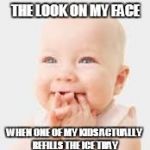 ice tray refill | THE LOOK ON MY FACE; WHEN ONE OF MY KIDS ACTUALLY REFILLS THE ICE TRAY | image tagged in happy baby,icce cubes,kids,refill,moms,bad luck brian | made w/ Imgflip meme maker