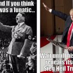 Hitler Trump | And If you think I was a lunatic... Wait untill history repeats itself!  Sieg Heil Trump | image tagged in hitler trump | made w/ Imgflip meme maker
