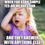 duh | WHEN YOU ASK A SIMPLE YES-OR-NO QUESTION . . . . AND THEY ANSWER WITH ANYTHING ELSE! | image tagged in duh | made w/ Imgflip meme maker