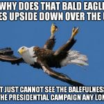 Even the National Bird has enough | WHY DOES THAT BALD EAGLE FLIES UPSIDE DOWN OVER THE US? IT JUST CANNOT SEE THE BALEFULNESS OF THE PRESIDENTIAL CAMPAIGN ANY LONGER | image tagged in even the national bird has enough | made w/ Imgflip meme maker