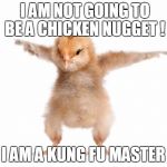 little Chicken | I AM NOT GOING TO BE A CHICKEN NUGGET ! I AM A KUNG FU MASTER | image tagged in strongest chicken | made w/ Imgflip meme maker