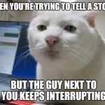 Srs cat | WHEN YOU'RE TRYING TO TELL A STORY; BUT THE GUY NEXT TO YOU KEEPS INTERRUPTING. | image tagged in srs cat | made w/ Imgflip meme maker