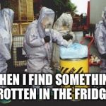 hazmat | WHEN I FIND SOMETHING ROTTEN IN THE FRIDGE | image tagged in hazmat | made w/ Imgflip meme maker