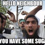 Muslim rage boy | HELLO NEIGHBOUR; DO YOU HAVE SOME SUGAR? | image tagged in muslim rage boy | made w/ Imgflip meme maker