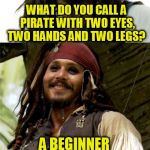 Because hokeewolf said to! :) | WHAT DO YOU CALL A PIRATE WITH TWO EYES, TWO HANDS AND TWO LEGS? A BEGINNER | image tagged in jack puns,johnny depp,pirate,jokes,funny meme,laughs | made w/ Imgflip meme maker