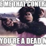 monkey gun | GIVE ME THAT CONTRACT; OR YOU'RE A DEAD MAN | image tagged in monkey gun | made w/ Imgflip meme maker