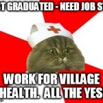 nurse cat | JUST GRADUATED - NEED JOB STAT; WORK FOR VILLAGE HEALTH.  ALL THE YES! | image tagged in nurse cat | made w/ Imgflip meme maker