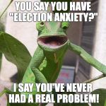 Crazy Chameleon | YOU SAY YOU HAVE "ELECTION ANXIETY?"; I SAY YOU'VE NEVER HAD A REAL PROBLEM! | image tagged in crazy chameleon | made w/ Imgflip meme maker