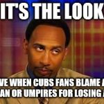 ESPN GUY | IT'S THE LOOK; YOU GIVE WHEN CUBS FANS BLAME A GOAT, BARTMAN OR UMPIRES FOR LOSING A GAME. | image tagged in espn guy | made w/ Imgflip meme maker