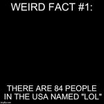 Weird facts meme series; #1 | WEIRD FACT #1:; THERE ARE 84 PEOPLE IN THE USA NAMED "LOL" | image tagged in blank red background,weird fact,memes,funny | made w/ Imgflip meme maker