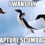 flying penguin | I WANT FLY; TO CAPTURE SCUMBAG HAT | image tagged in flying penguin,scumbag | made w/ Imgflip meme maker