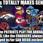 NFL LOGIC and Fallacy. | This TOTALLY MAKES SENSE. The PATRIOTS PLAY FOR ARKHAM, MASS. Like the CHARGERS always HAVE played in/for SAN DIEGO.exclusively. | image tagged in nfl usa,nfl logic,lovecraft,the most interesting man in the world,the jungle | made w/ Imgflip meme maker