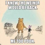 Pooh and Piglet | I KNEW THE WEINER WOULD BE BACK. ME TOO POOH. | image tagged in pooh and piglet | made w/ Imgflip meme maker