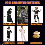 Political Halloween Costumes | 2016 HALLOWEEN COSTUMES; Hillary Clinton        Gary Johnson           Donald Trump; Darrell Castle          Jill Stein                      Evan McMullin | image tagged in candidates,halloween,costumes,humor,election 2016,trump costume | made w/ Imgflip meme maker