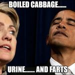 hillary obama | BOILED CABBAGE...... URINE....... AND FARTS | image tagged in hillary obama | made w/ Imgflip meme maker