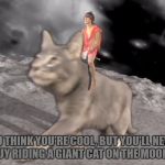 You'll Never Be On His Level | Template By AndrewFinlayson | YOU THINK YOU'RE COOL, BUT YOU'LL NEVER BE A GUY RIDING A GIANT CAT ON THE MOON COOL! | image tagged in mgmt cat rider,memes,andrewfinlayson,funny,cool,cats | made w/ Imgflip meme maker